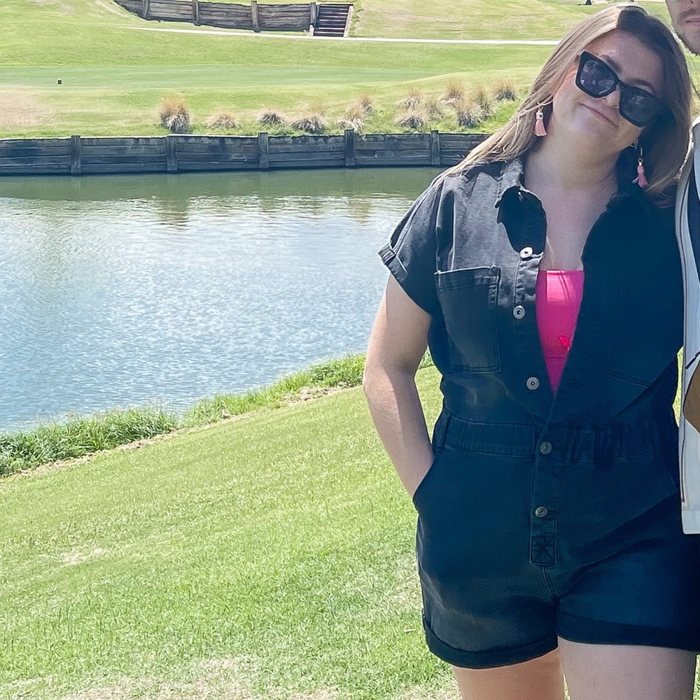 Altar'd State Black Short Sleeve Denim Romper with Pink Tank Layer